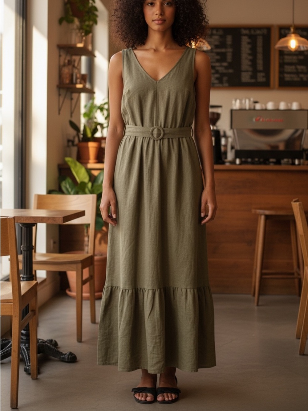 Nine WestSleeveless V-Neck Olive Belted Maxi Dress